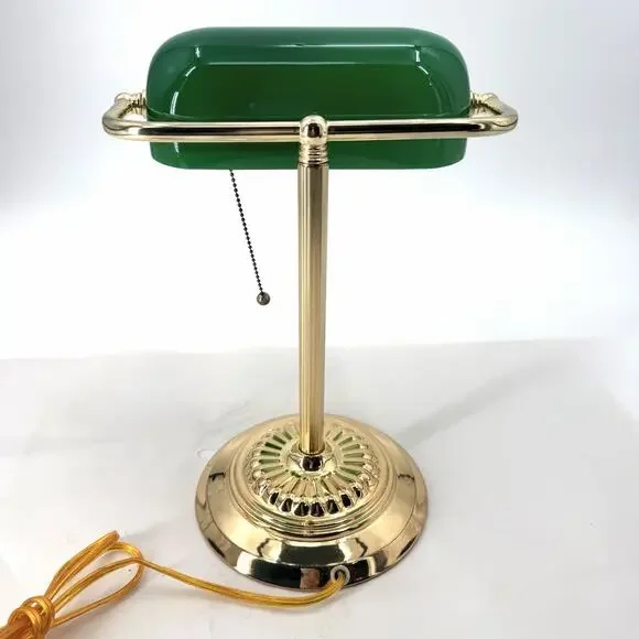 Vintage Banker's Desk Piano Lamp Green Glass Shade Pull Chain Gold Metal Base - Picture 4 of 13